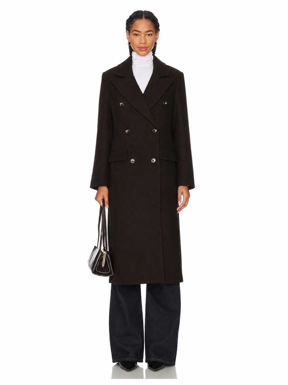 Astr Double-Breasted Long Black Trench Coat